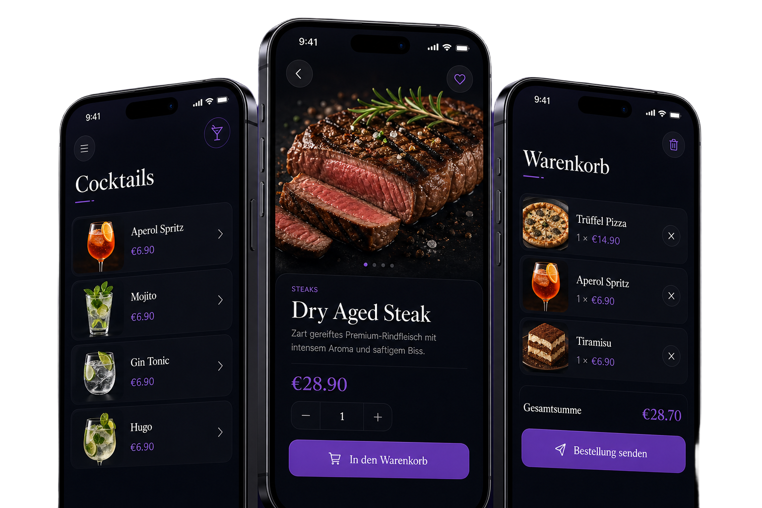 Millavi App-Ansichten für digitale Menüs und Buchungen